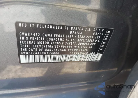 2013 Volkswagen Jetta Sportwagen 2.0L Tdi z USA, uszkodzony, nr VIN 3VWPL7AJ0DM674896